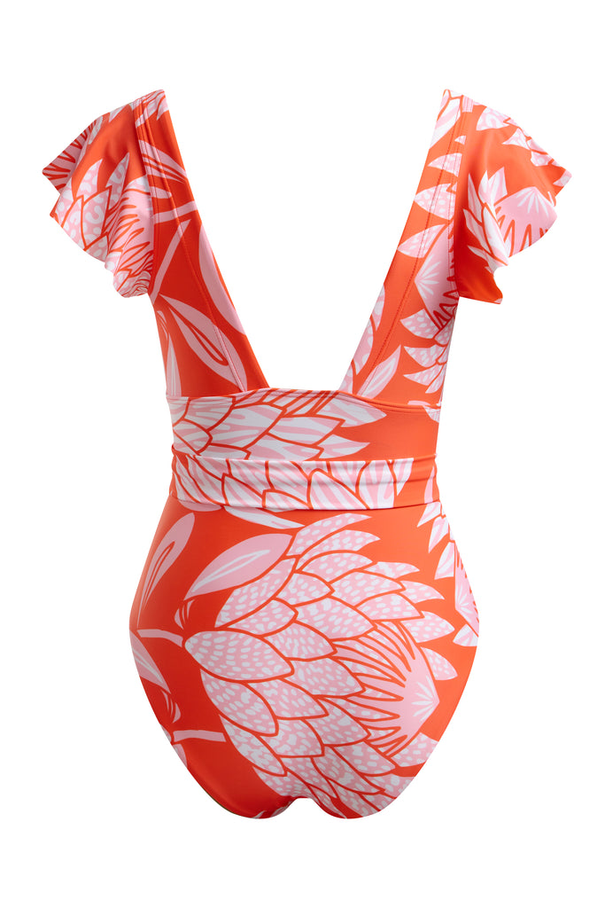 Flutter Sleeve Swimsuit Coral Protea