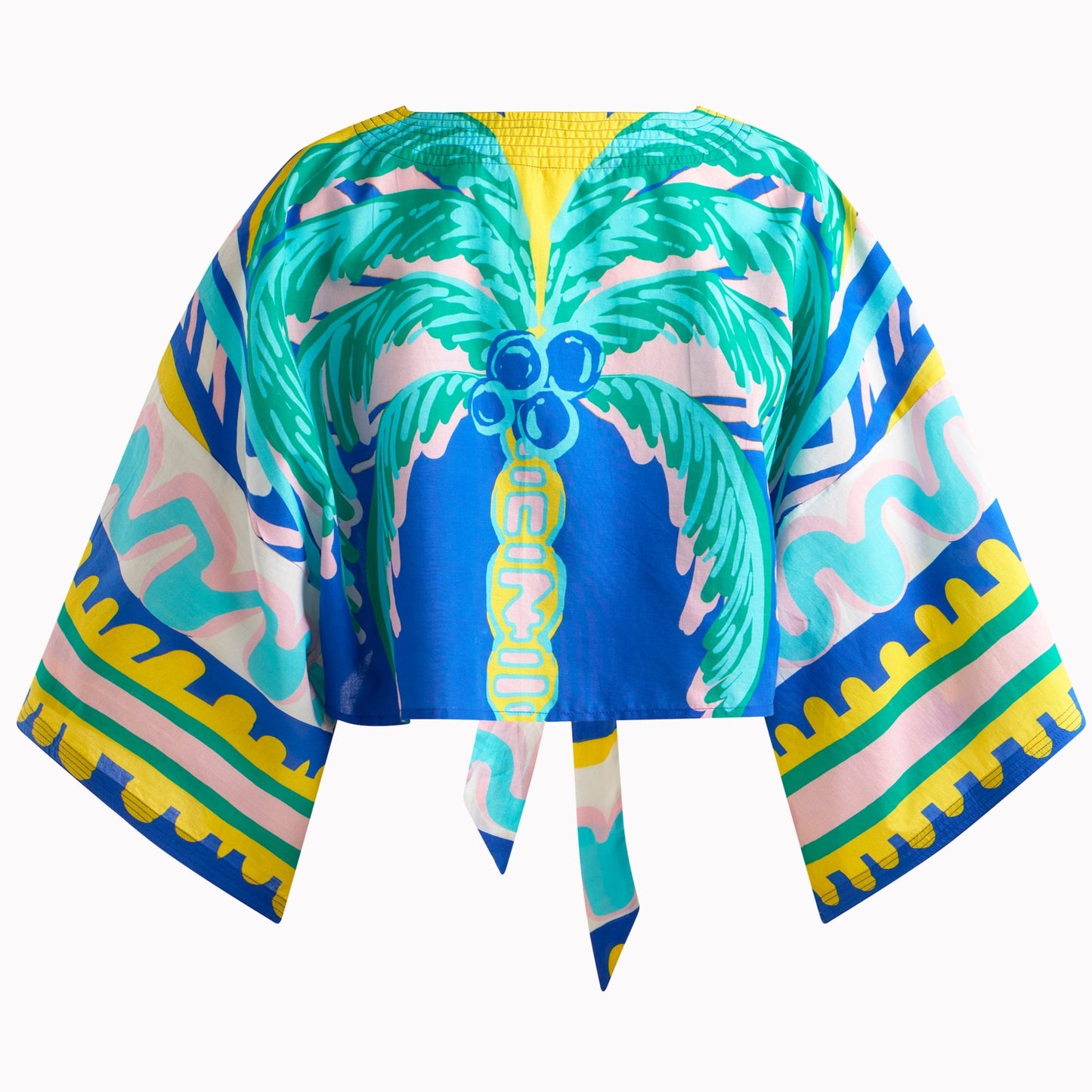 Tie Front Kimono Top Blue Palm