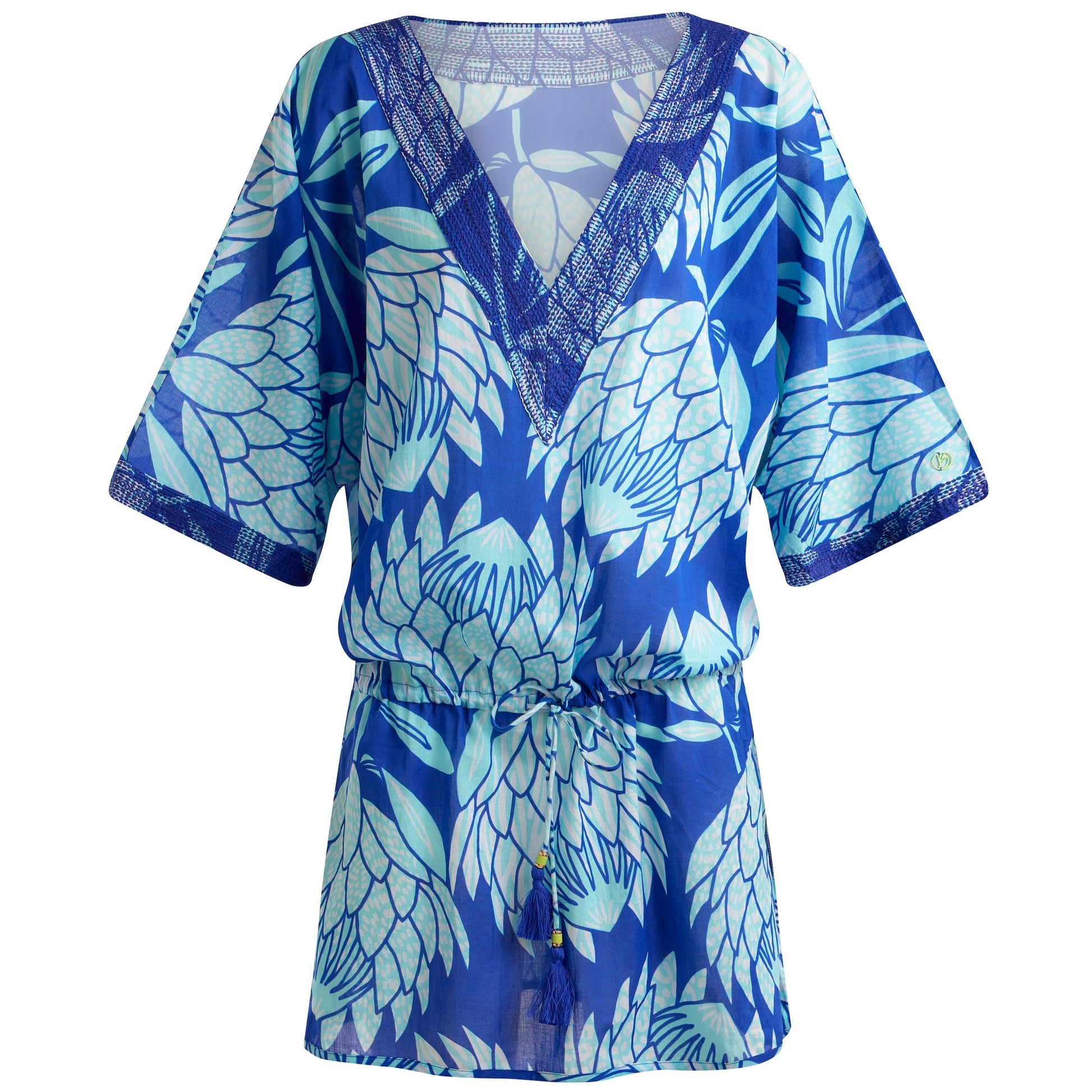 Short, dropped waist blue protea print kaftan with deep V neckline