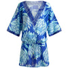 Short, dropped waist blue protea print kaftan with deep V neckline