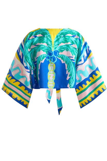 Tie Front Kimono Top Blue Palm
