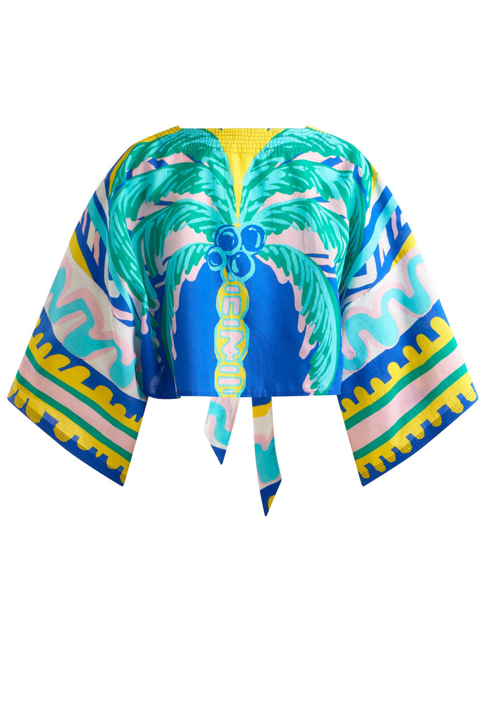 Tie Front Kimono Top Blue Palm