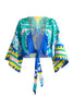 Tie Front Kimono Top Blue Palm